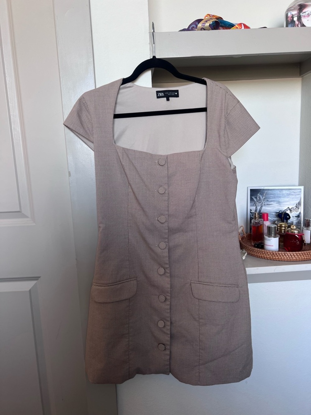 Zara Pink-Tan Checked Square Neck Mini Dress